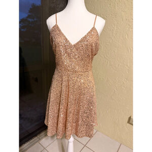 Revamped Sequin Mini Dress L Champagne Gold Spaghetti Strap Party